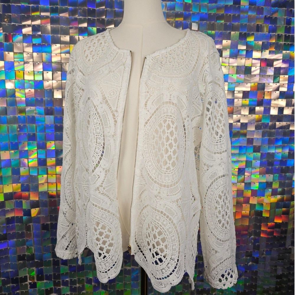 Crochet Lace Zip Front Jacket Womens White Medallion‎ Boho Delicate Coverup
